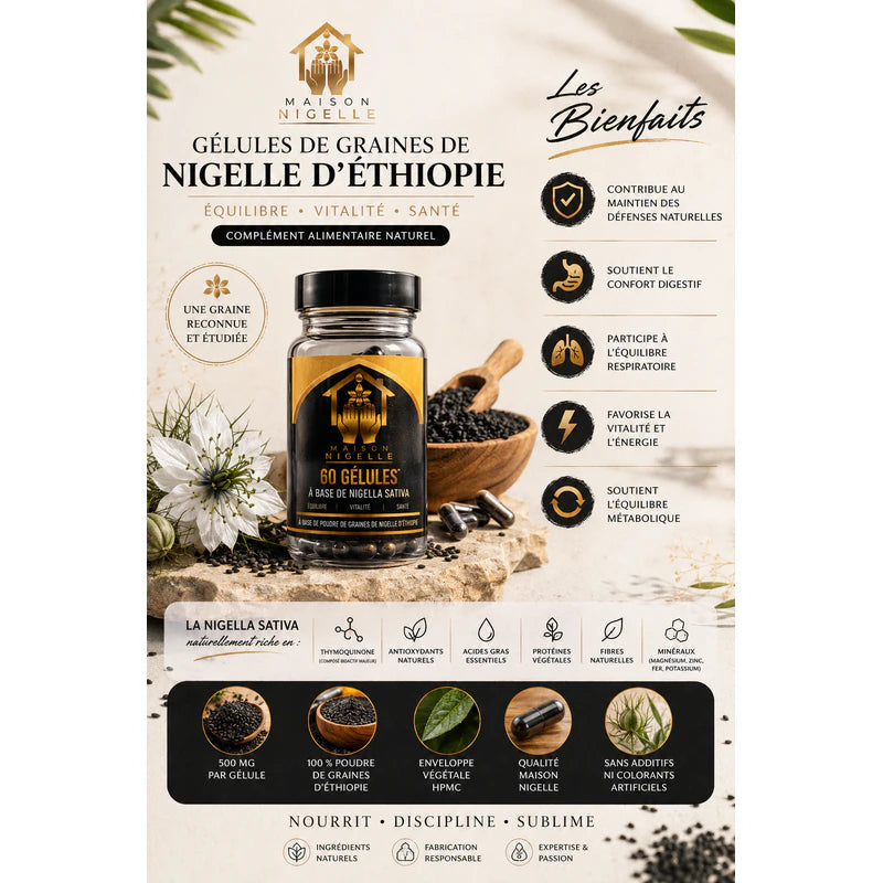 Infographie de présentation des gélules de graines de nigelle d'Éthiopie