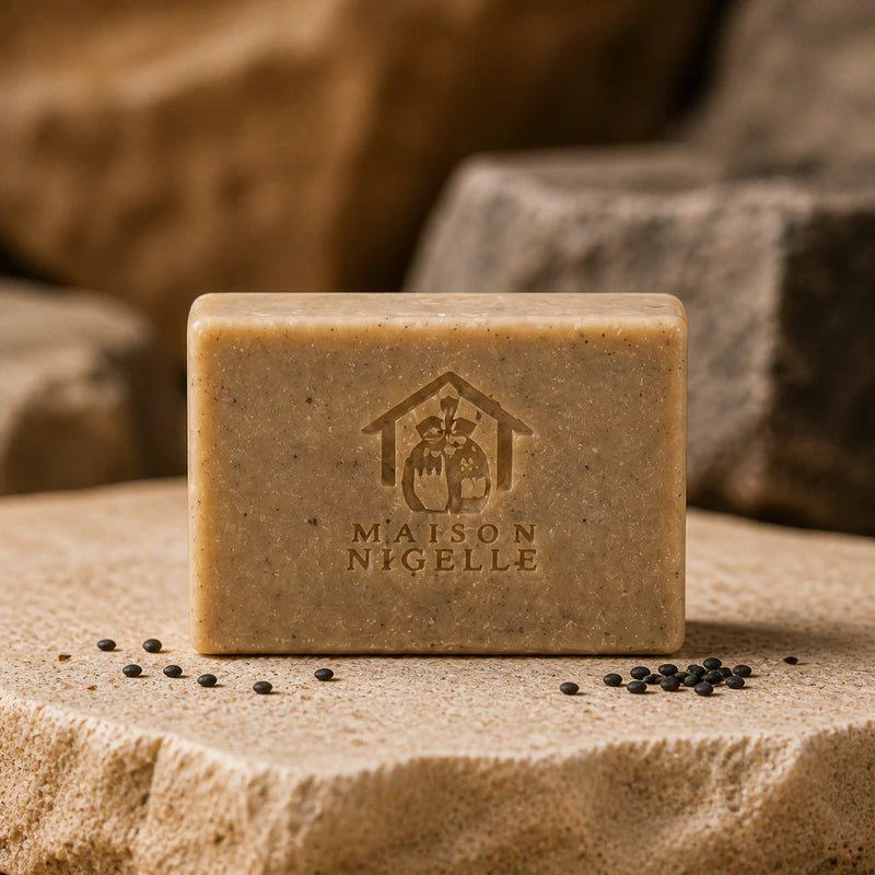 Pain carré artisanal de savon à la nigelle offert, posé sur un fond texturé