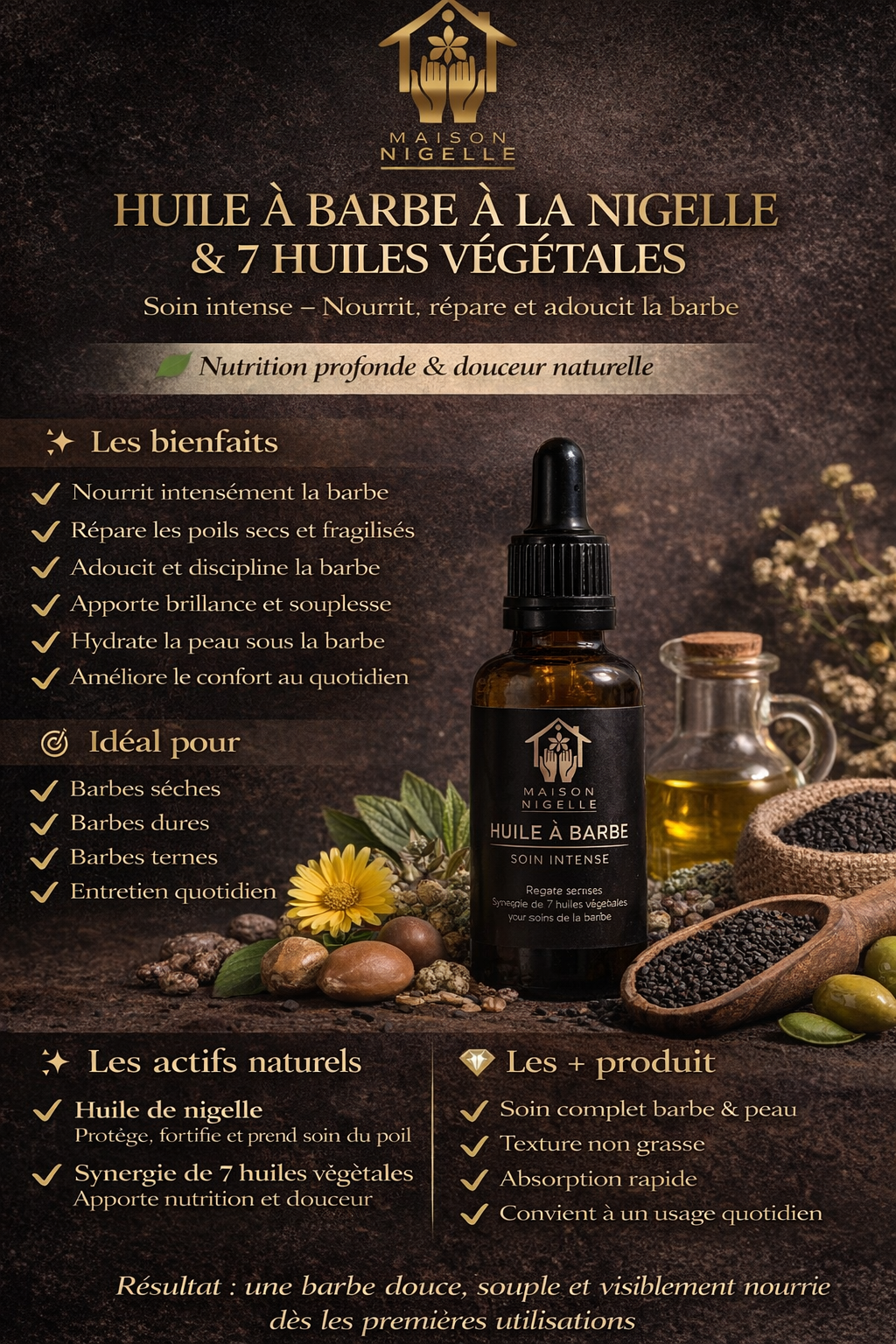 Huile à barbe à la nigelle & 7 huiles végétales – Nourrit, répare et adoucit la barbe (50 ml)