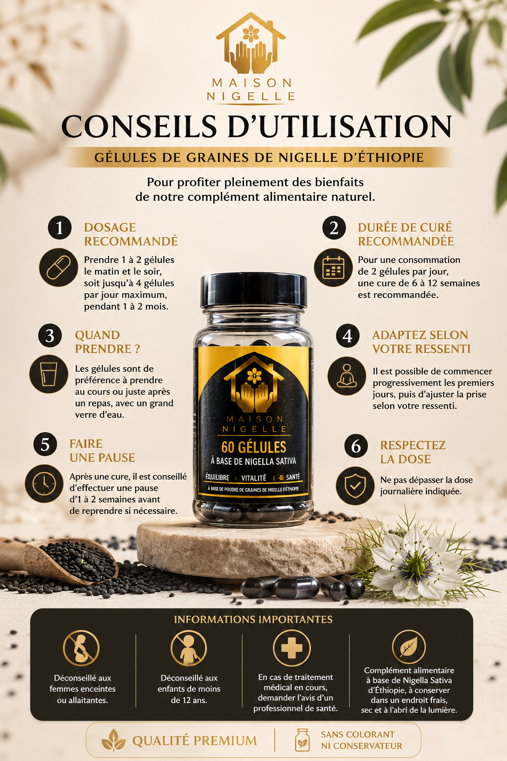Gélules de Graines de Nigelle d’Éthiopie 500 mg – 60 Gélules Végétales HPMC – Complément Alimentaire