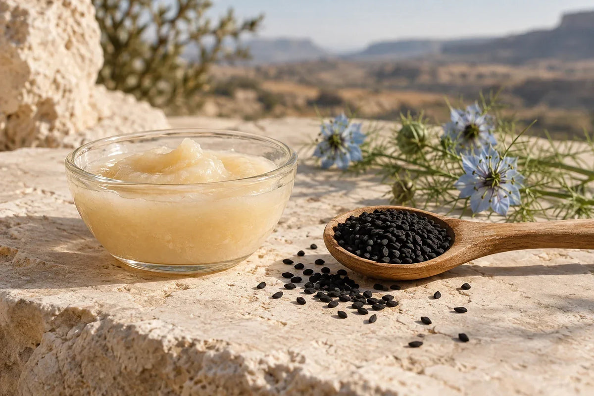 Bol de miel crémeux et cuillère de graines de nigelle sur une pierre claire, avec des fleurs de Nigella sativa en arrière-plan