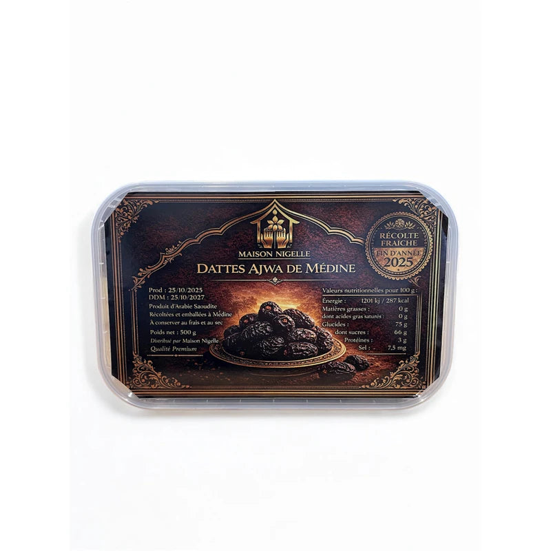 Boîte hermétique de 500 g de dattes Ajwa de Médine, vue du dessus