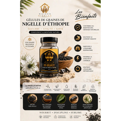 Infographie de présentation des gélules de graines de nigelle d'Éthiopie