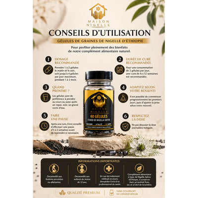 Infographie de conseils d'utilisation des gélules de graines de nigelle