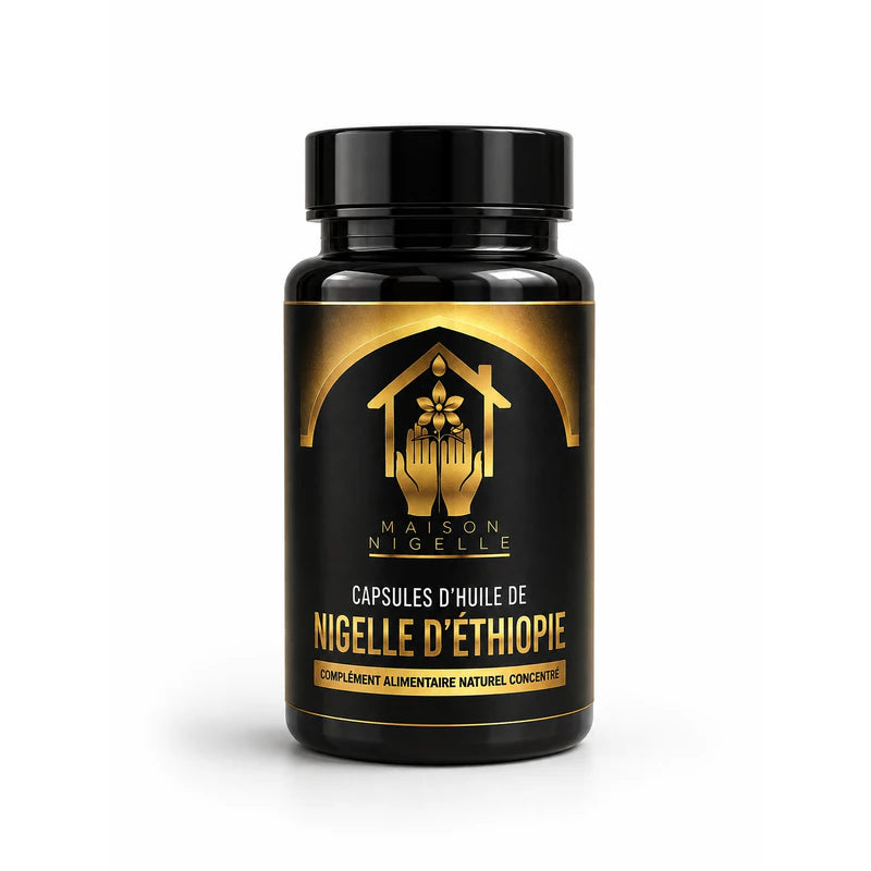 Flacon de 60 capsules d'huile de nigelle d'Éthiopie, vue de face