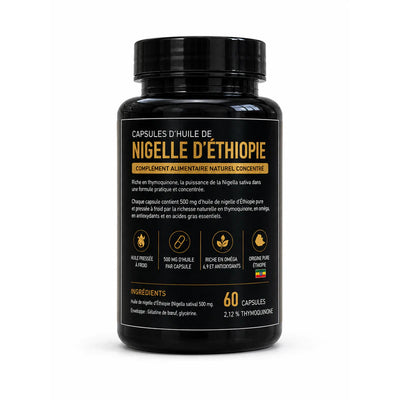 Vue arrière du flacon de capsules d'huile de nigelle avec son étiquette