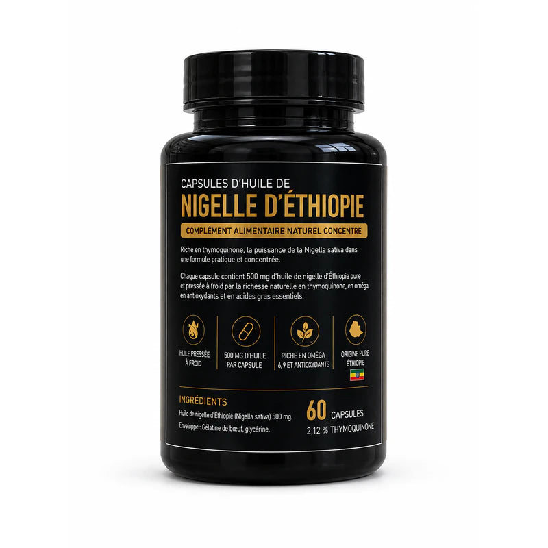 Vue arrière du flacon de capsules d'huile de nigelle avec son étiquette