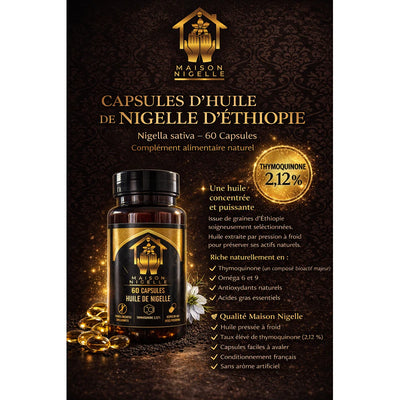 Infographie de présentation des capsules d'huile de nigelle d'Éthiopie