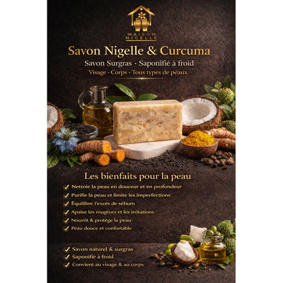Infographie de présentation du savon surgras à la nigelle et au curcuma