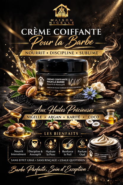 Crème Coiffante Barbe à la Nigelle & Argan – Nourrit, Discipline & Parfum OUD (100 ml)