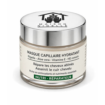 Pot de masque capillaire hydratant à la nigelle et aloe vera, couvercle argenté