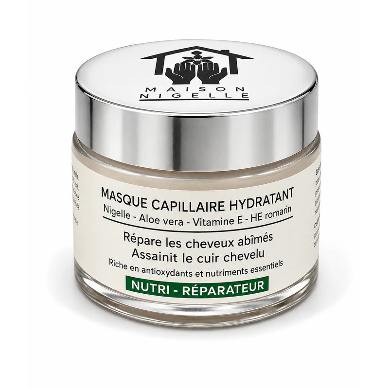 Pot de masque capillaire hydratant à la nigelle et aloe vera, couvercle argenté