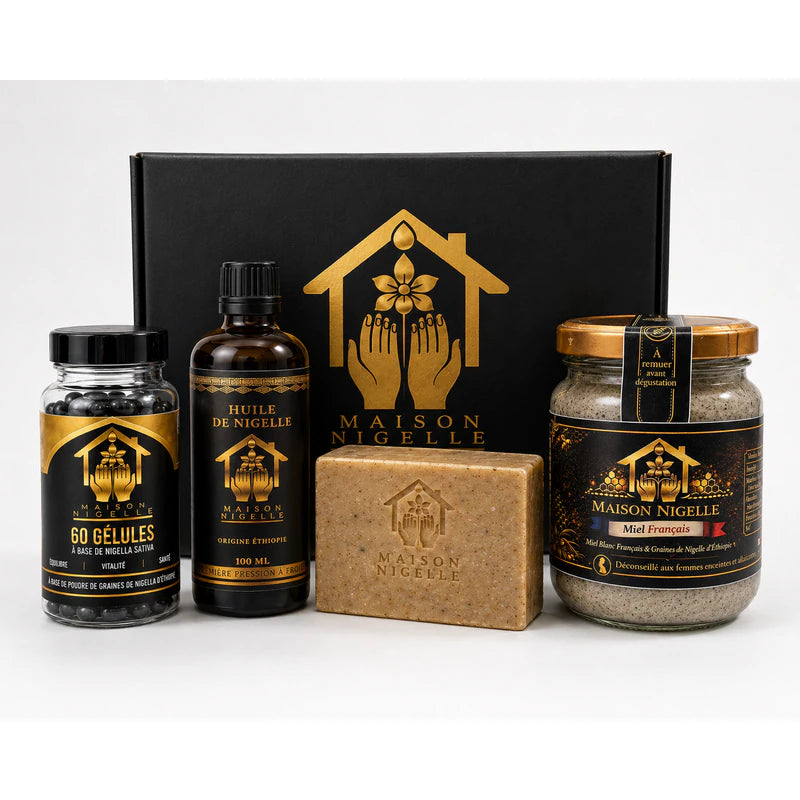 Coffret Maison Nigelle avec gélules, huile, savon et préparation au miel
