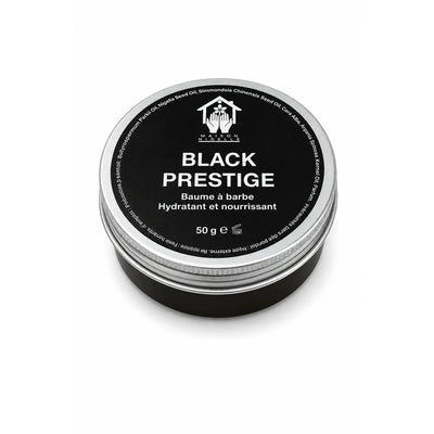 Pot ouvert de baume à barbe Black Prestige avec couvercle posé devant