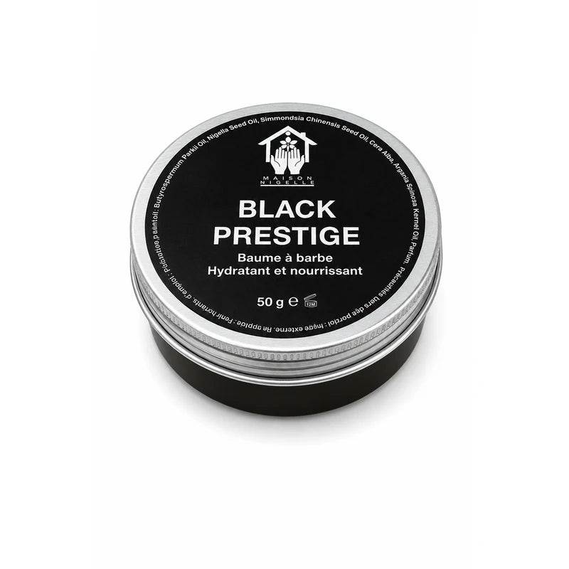 Pot ouvert de baume à barbe Black Prestige avec couvercle posé devant