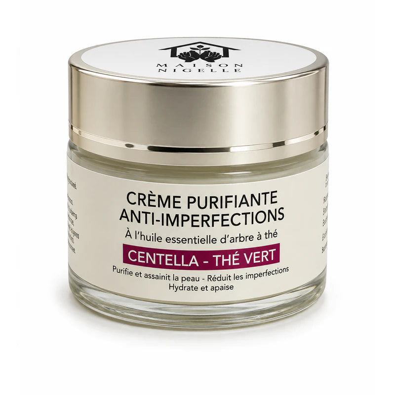 Pot de crème visage à la nigelle, centella et thé vert avec couvercle argenté
