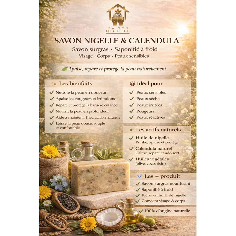 Infographie de présentation du savon surgras à la nigelle, 100 g