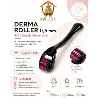 Infographie de présentation du Derma Roller 0,5 mm et de ses caractéristiques