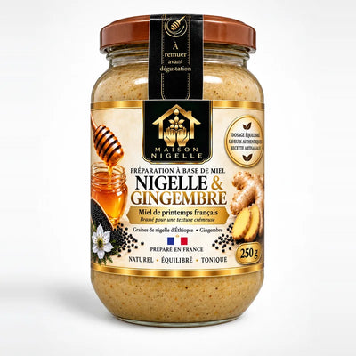 Pot de 250 g de miel au nigelle et gingembre Maison Nigelle, vue de face