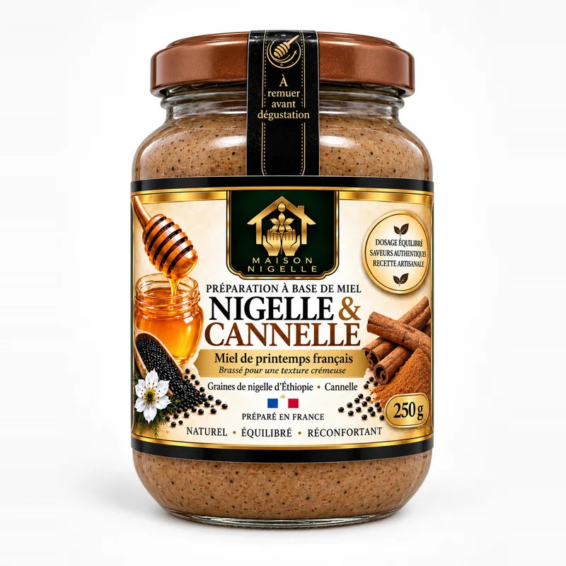 Pot de 250 g de miel au nigelle et cannelle, étiquette dorée vue de face