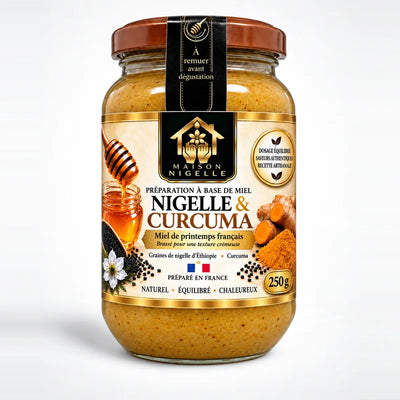 Pot de 250 g de miel au nigelle et curcuma, préparation dorée vue de face
