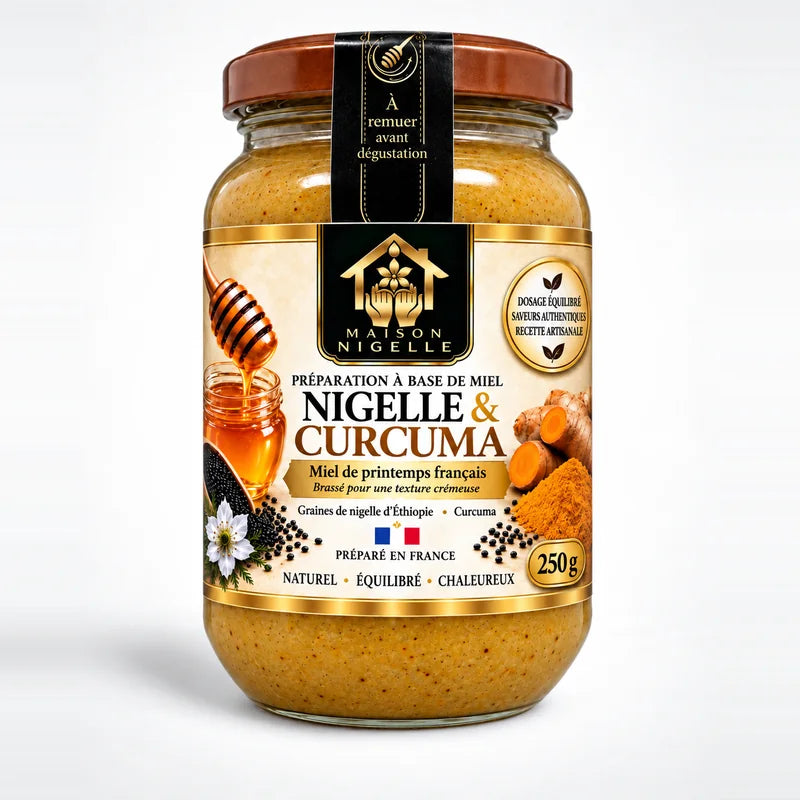 Pot de 250 g de miel au nigelle et curcuma, préparation dorée vue de face