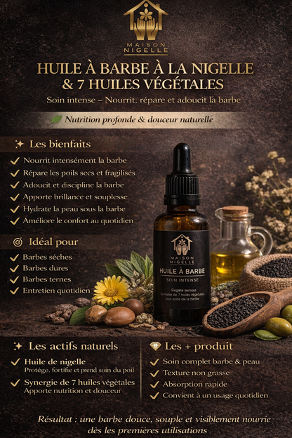 Huile à barbe à la nigelle & 7 huiles végétales – Nourrit, répare et adoucit la barbe (50 ml)