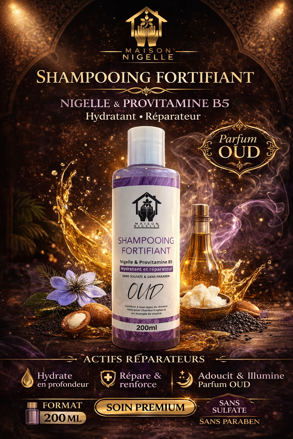 Shampooing à l’huile de nigelle & Provitamine B5 – Fortifiant Oud – Sans sulfate & sans paraben (200 ml)