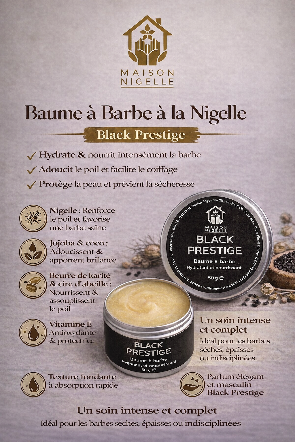 Baume à barbe à la Nigelle – Hydratant, Nourrissant & Discipline la barbe