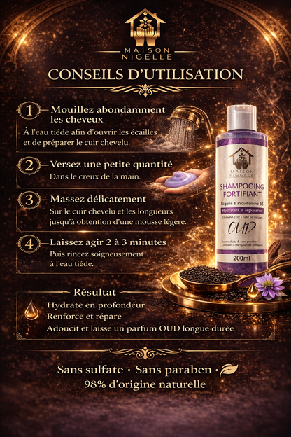 Shampooing à l’huile de nigelle & Provitamine B5 – Fortifiant Oud – Sans sulfate & sans paraben (200 ml)