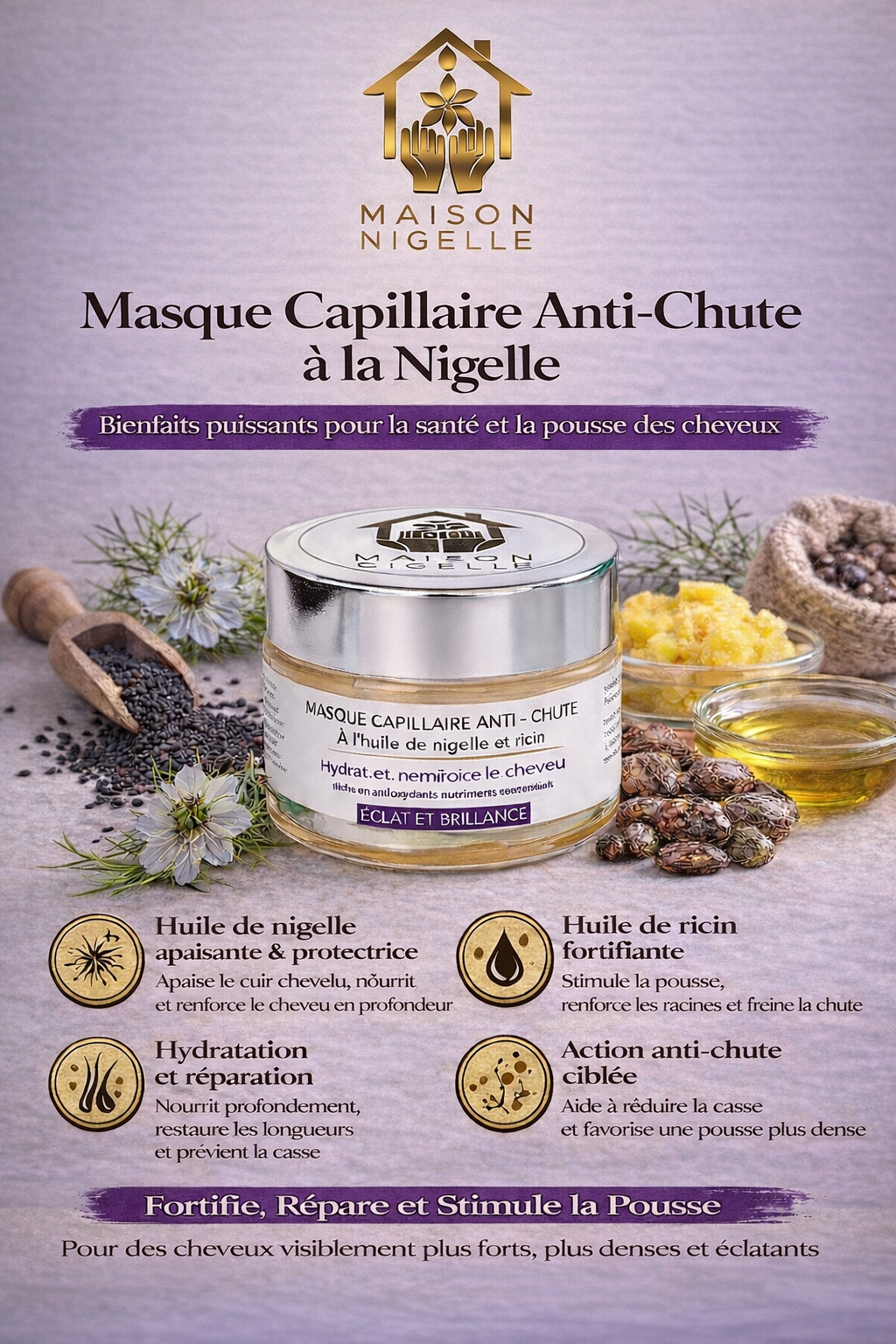 Masque Capillaire Anti-Chute à la Nigelle & Ricin – Fortifiant, Nourrissant et Stimulant
