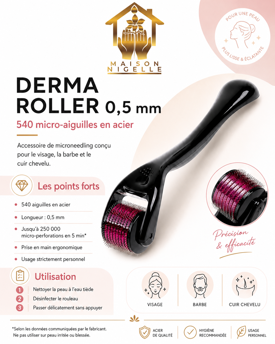Derma Roller 0,5 mm – 540 Aiguilles en Acier – Visage, Barbe & Cuir Chevelu