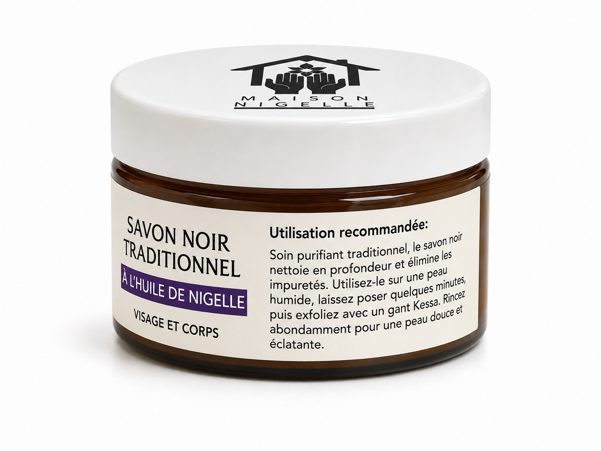 Savon noir traditionnel à l’huile de nigelle – Soin corps & rituel hammam