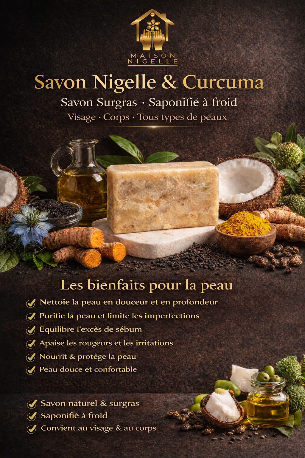 Savon Nigelle & Curcuma Surgras – Savon Naturel Saponifié à Froid pour Visage, Peau et Corps – 100 g
