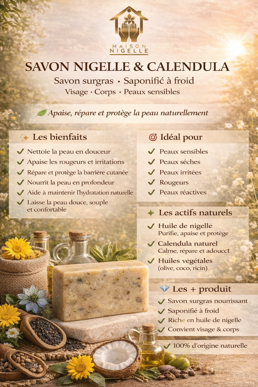 Savon à la Nigelle & Calendula – Peau Sensible & Imperfections | Savon Naturel Surgras Saponifié à Froid (100 g)