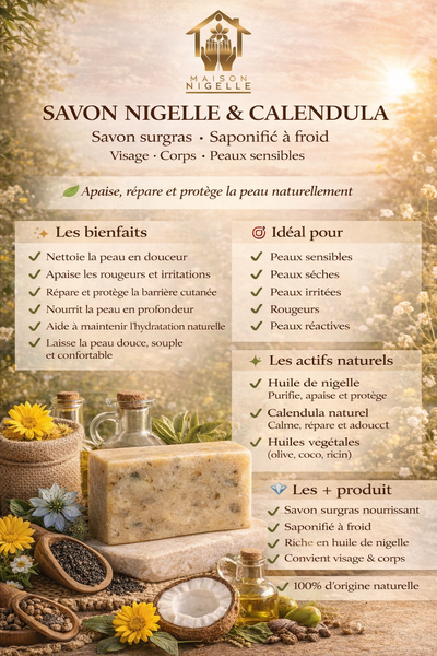 Savon à la Nigelle & Calendula – Peau Sensible & Imperfections | Savon Naturel Surgras Saponifié à Froid (100 g)