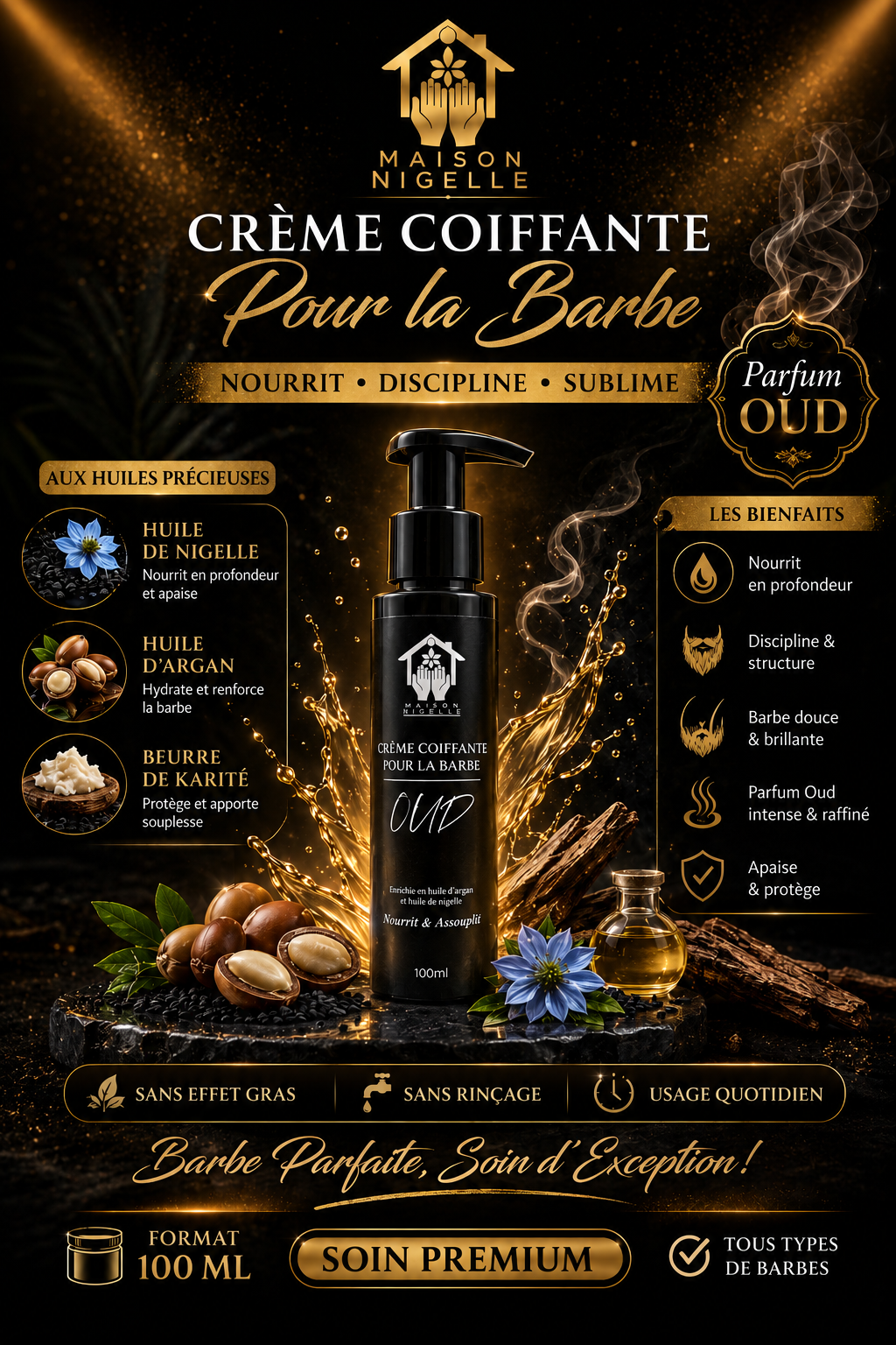 Crème Coiffante Barbe à la Nigelle & Argan – Nourrit, Discipline & Parfum OUD (100 ml)