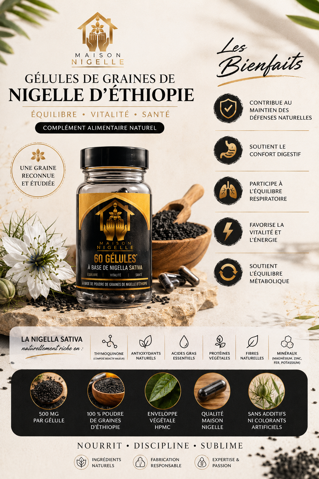 Gélules de Graines de Nigelle d’Éthiopie 500 mg – 60 Gélules Végétales HPMC – Complément Alimentaire