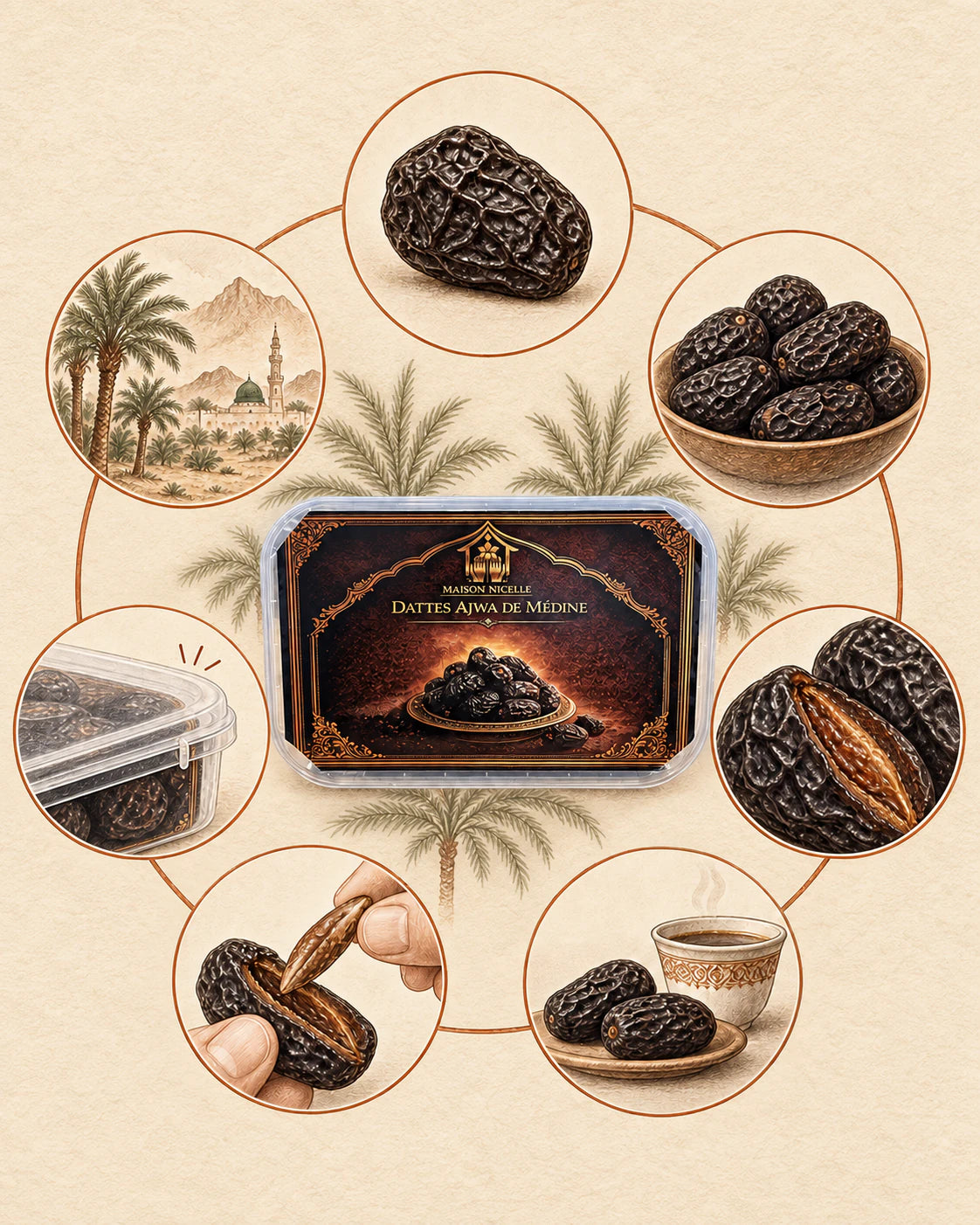 Illustration de l'origine, de la texture et de la conservation des dattes Ajwa de Médine